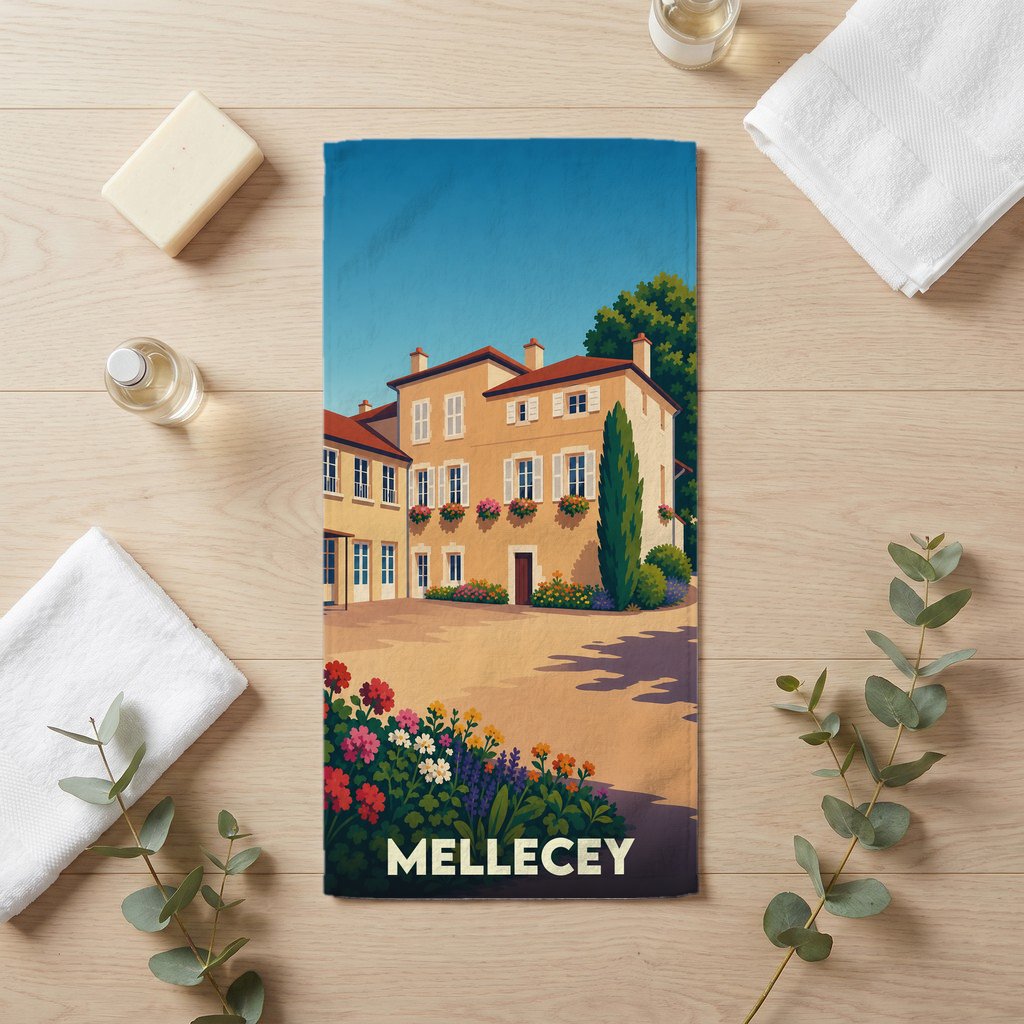 Serviette de bain souvenir de la ville de Mellecey avec une illustration stylisée d'une demeure bourguignonne fleurie.