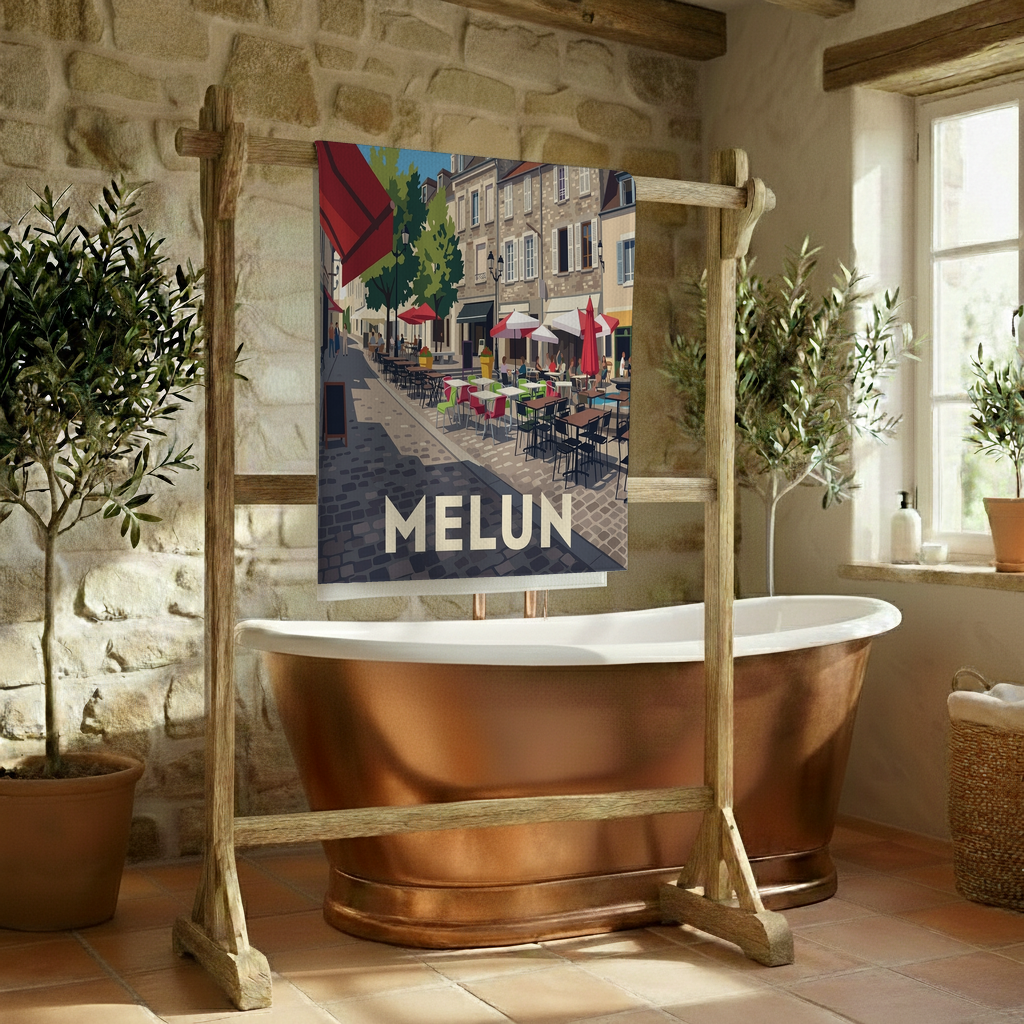 Serviette de bain souvenir de la ville de Melun avec une illustration stylisée.