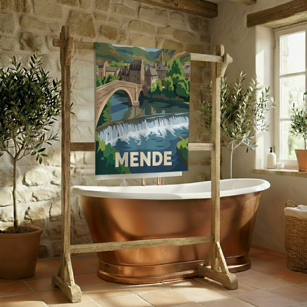 Serviette de bain souvenir de la ville de Mende avec une illustration stylisée du pont et de la rivière.
