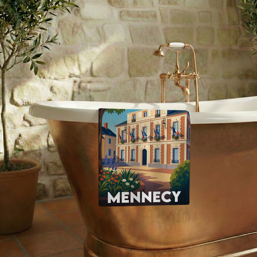 Serviette de bain souvenir de la ville de Mennecy avec une illustration stylisée.