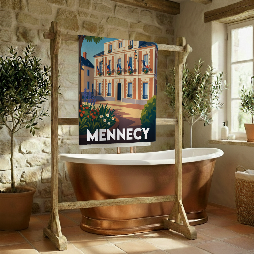 Serviette de bain souvenir de la ville de Mennecy avec une illustration stylisée.