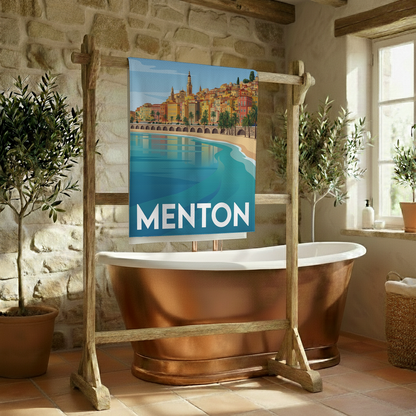 Serviette de bain souvenir de la ville de Menton avec une illustration stylisée.