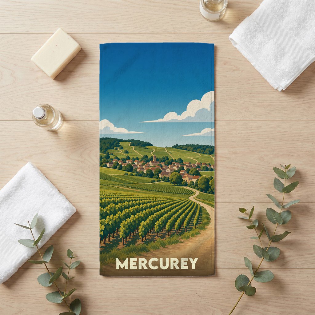 Serviette de bain souvenir de la ville de Mercurey avec une illustration stylisée de ses vignobles.