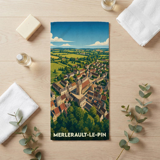 Serviette de bain souvenir de la ville de Merlerault-le-Pin avec une illustration stylisée.
