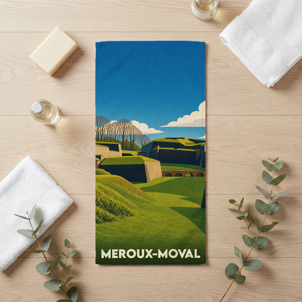 Serviette de bain souvenir de Meroux-Moval ornée d'une illustration stylisée de paysages fortifiés.