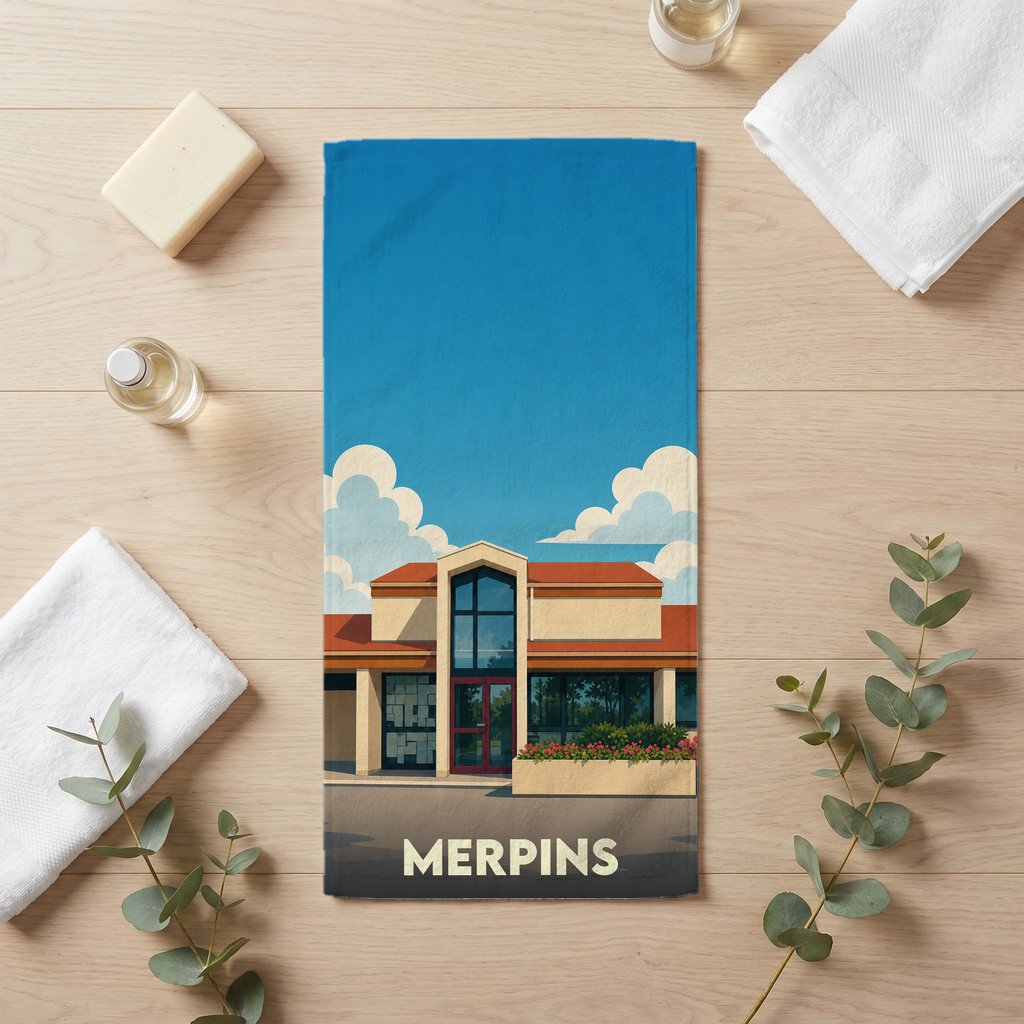 Serviette de bain souvenir de la ville de Merpins avec une illustration stylisée.