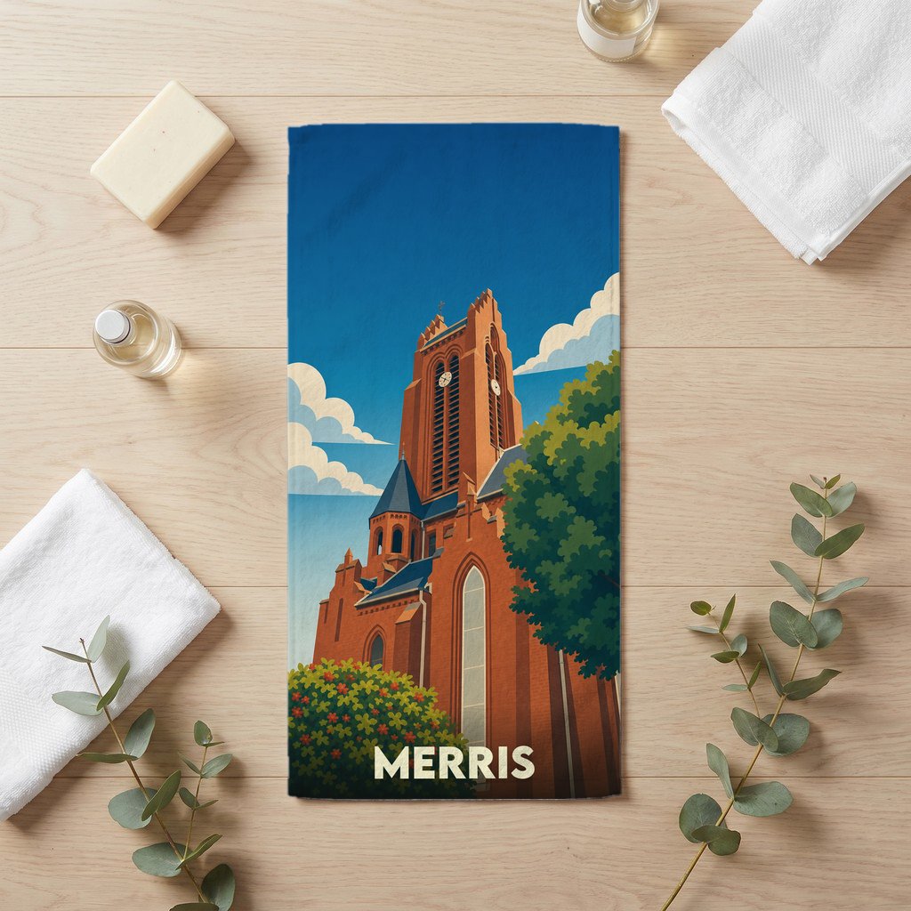 Serviette de bain souvenir de la ville de Merris avec une illustration stylisée de son église.