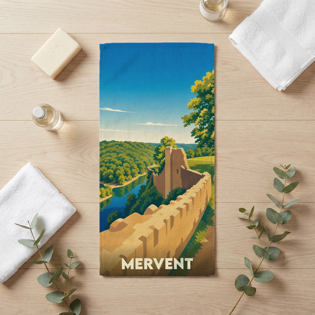 Serviette de bain souvenir de la ville de Mervent avec une illustration stylisée de ses remparts et de sa rivière.