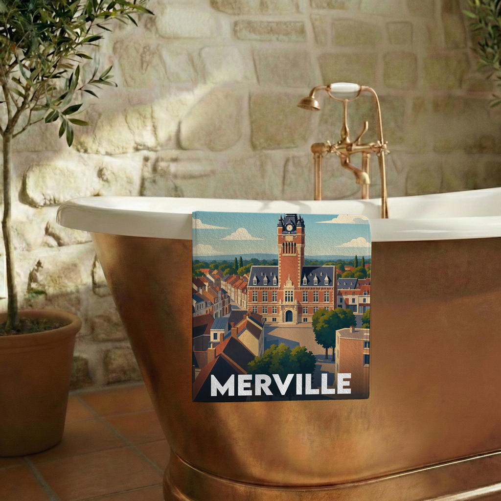Serviette de bain souvenir de la ville de Merville avec une illustration stylisée de son hôtel de ville.