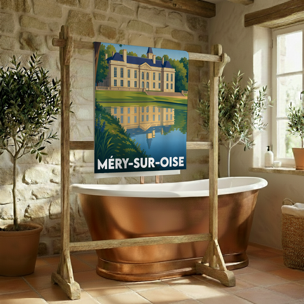 Serviette de bain souvenir de la ville de Méry-sur-Oise avec une illustration stylisée de son château.