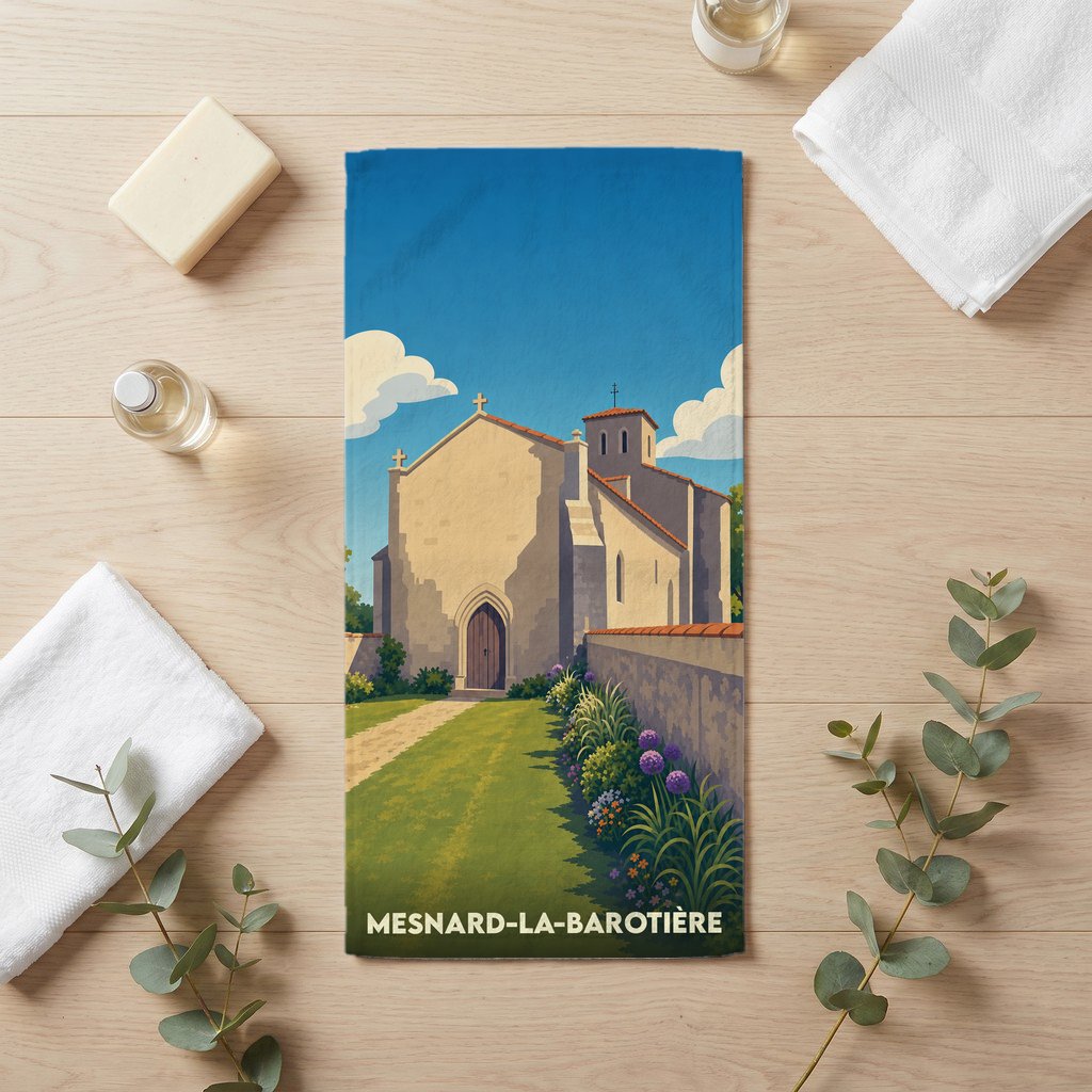 Serviette de bain souvenir de la ville de Mesnard-la-Barotière avec une illustration stylisée de son église.