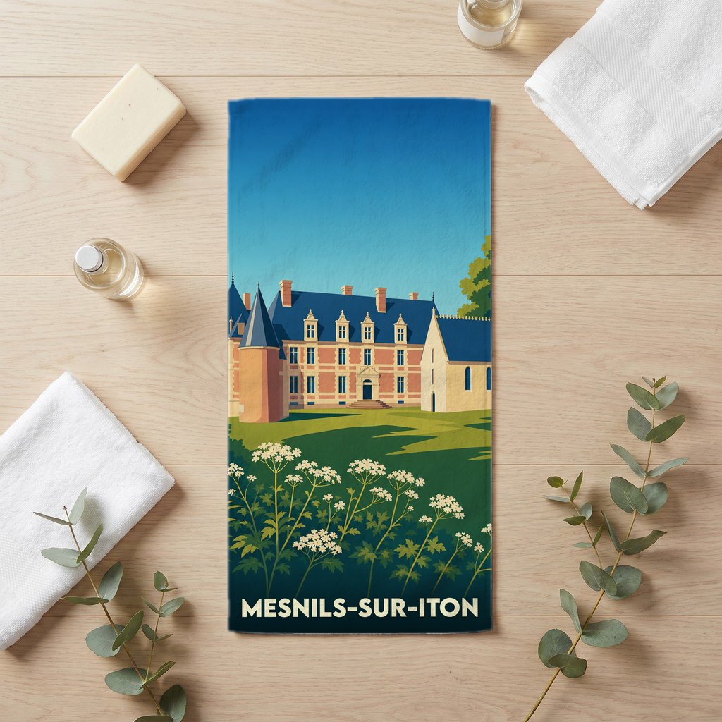 Serviette de bain souvenir de la ville de Mesnils-sur-Iton avec une illustration stylisée d'un château.