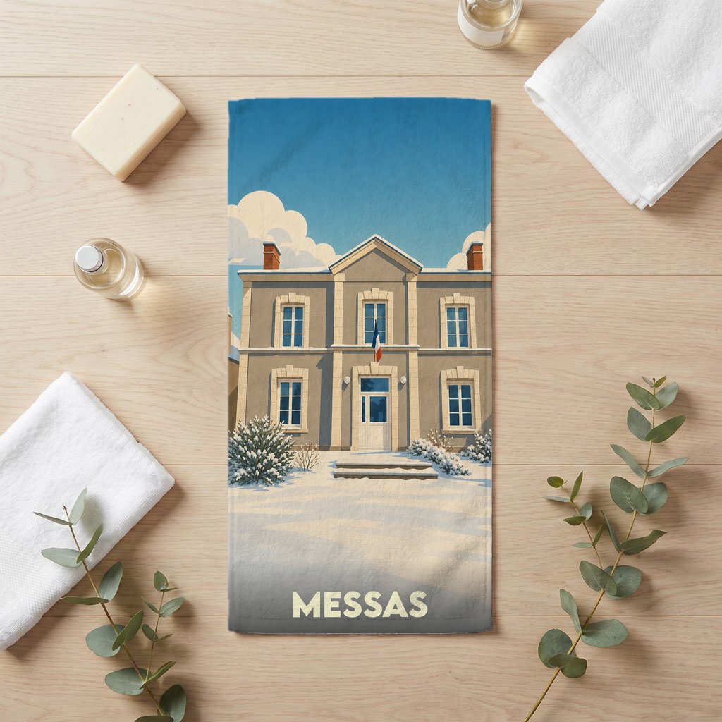 Serviette de bain souvenir de la ville de Messas avec une illustration stylisée d'un bâtiment sous la neige.