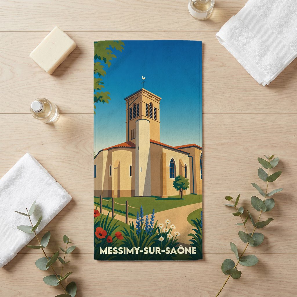 Serviette de bain souvenir de Messimy-sur-Saône avec une illustration stylisée de son église.