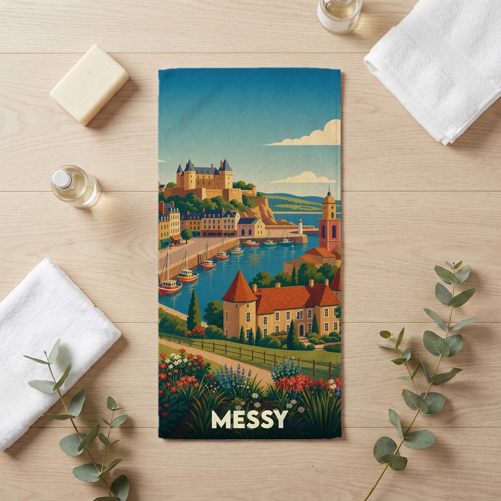 Serviette de bain souvenir de la ville de Messy avec une illustration stylisée d'un port méditerranéen.