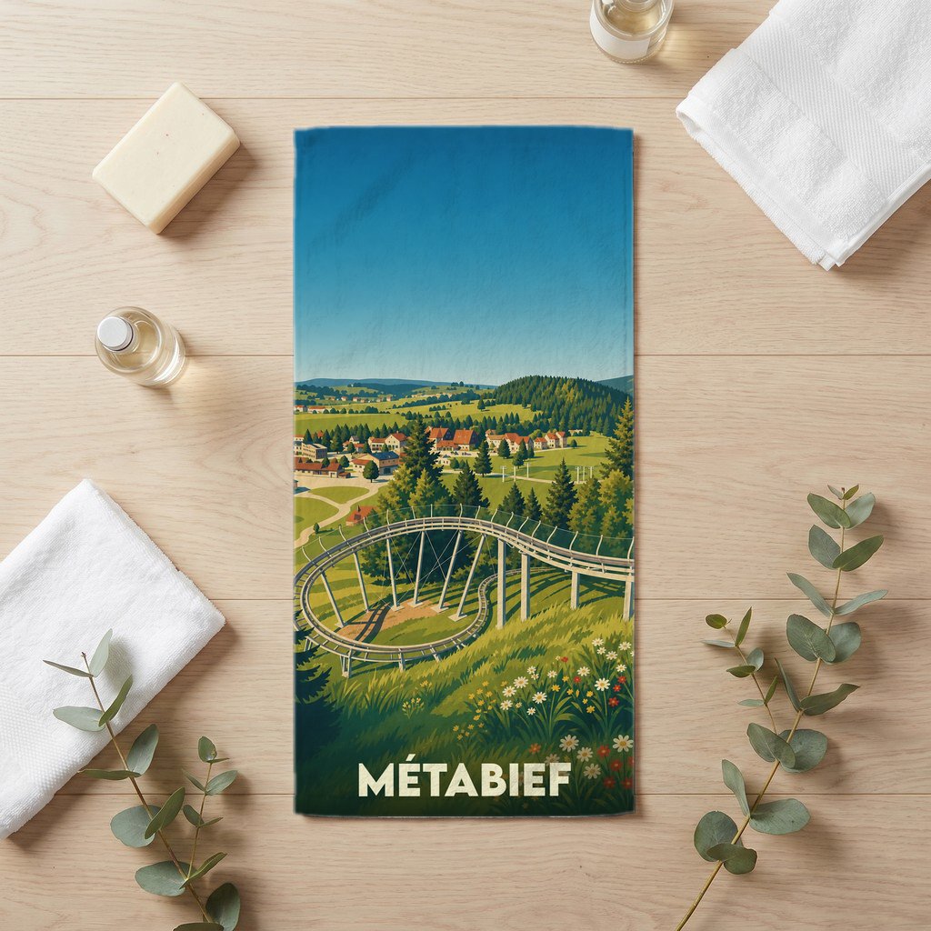 Serviette de bain souvenir de la ville de Métabief illustrée d'un paysage de montagne stylisé avec une piste de luge d'été.