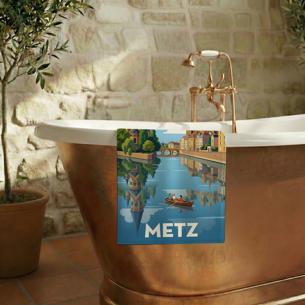 Serviette de bain souvenir de la ville de Metz avec une illustration stylisée.