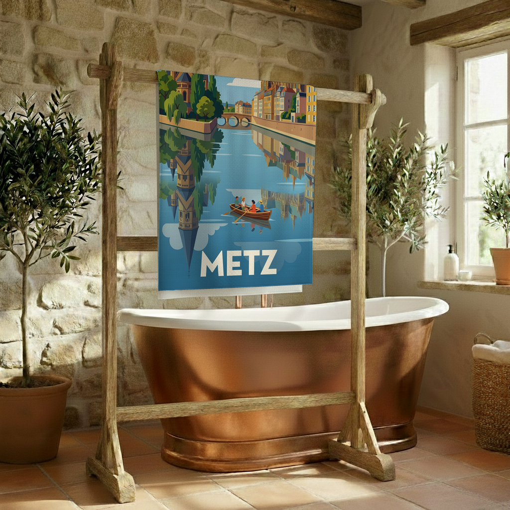 Serviette de bain souvenir de la ville de Metz avec une illustration stylisée.