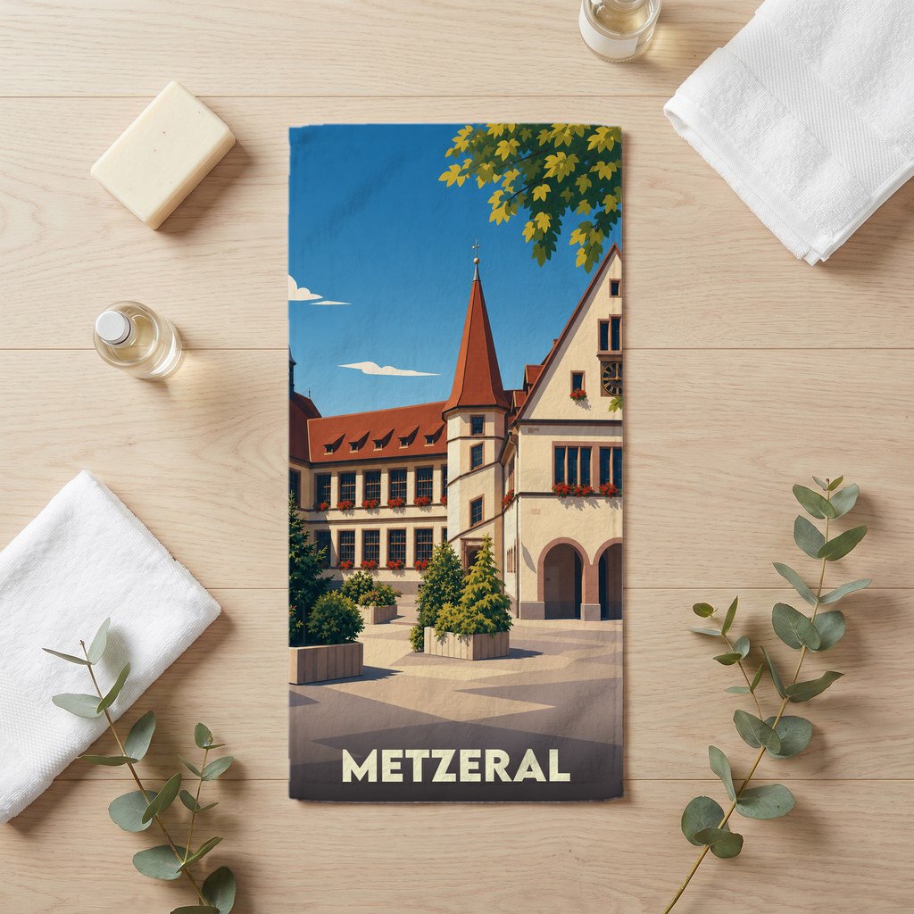 Serviette de bain souvenir de la ville de Metzeral illustrée par un dessin stylisé de son architecture traditionnelle.