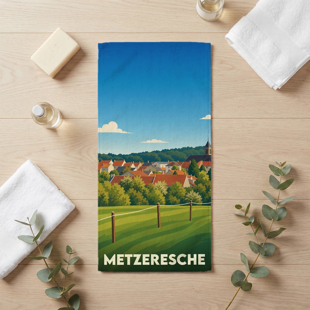 Serviette de bain souvenir de la ville de Metzeresche avec une illustration stylisée de son paysage champêtre.