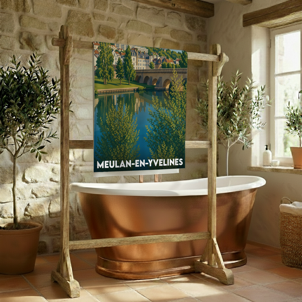 Serviette de bain souvenir de Meulan-en-Yvelines illustrée par une vue panoramique du pont et de la ville.