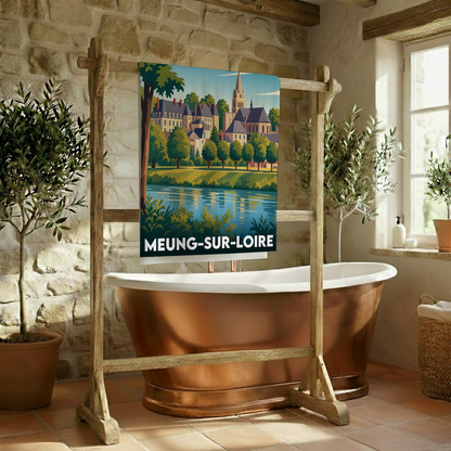 Serviette de bain souvenir de la ville de Meung-sur-Loire avec une illustration stylisée.