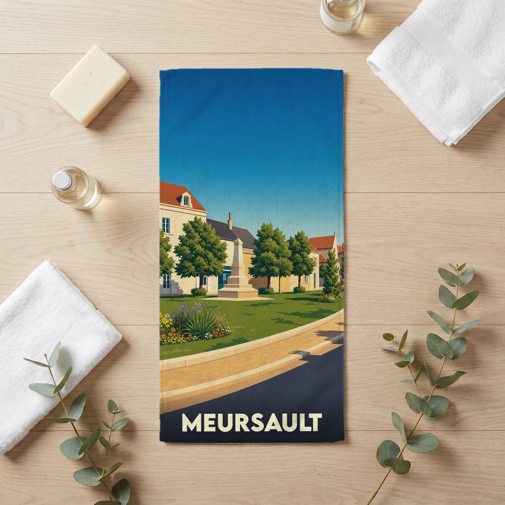 Serviette de bain souvenir de la ville de Meursault avec une illustration de style vintage.