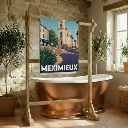 Serviette de bain souvenir de la ville de Meximieux avec une illustration stylisée.