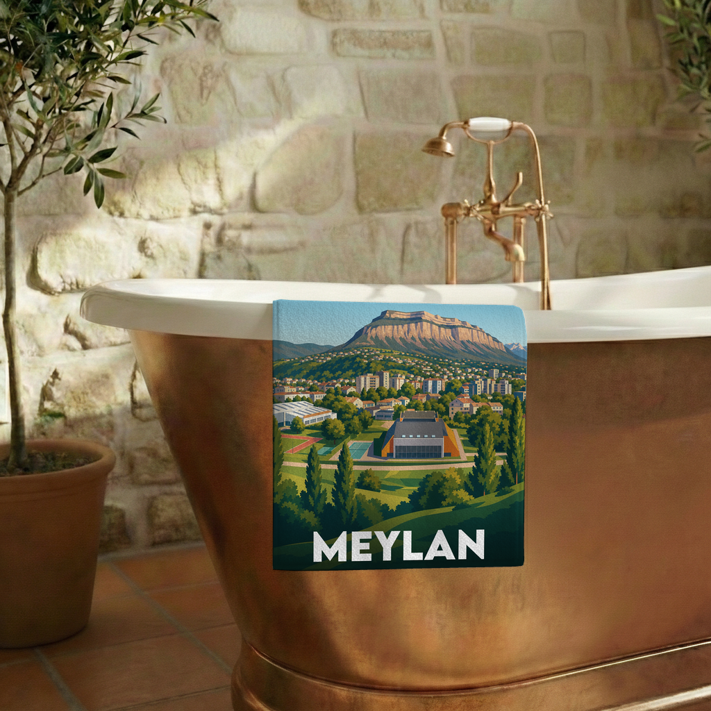 Serviette de bain souvenir de la ville de Meylan avec une illustration stylisée du paysage local.