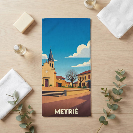 Serviette de bain souvenir de la ville de Meyrié avec une illustration stylisée.