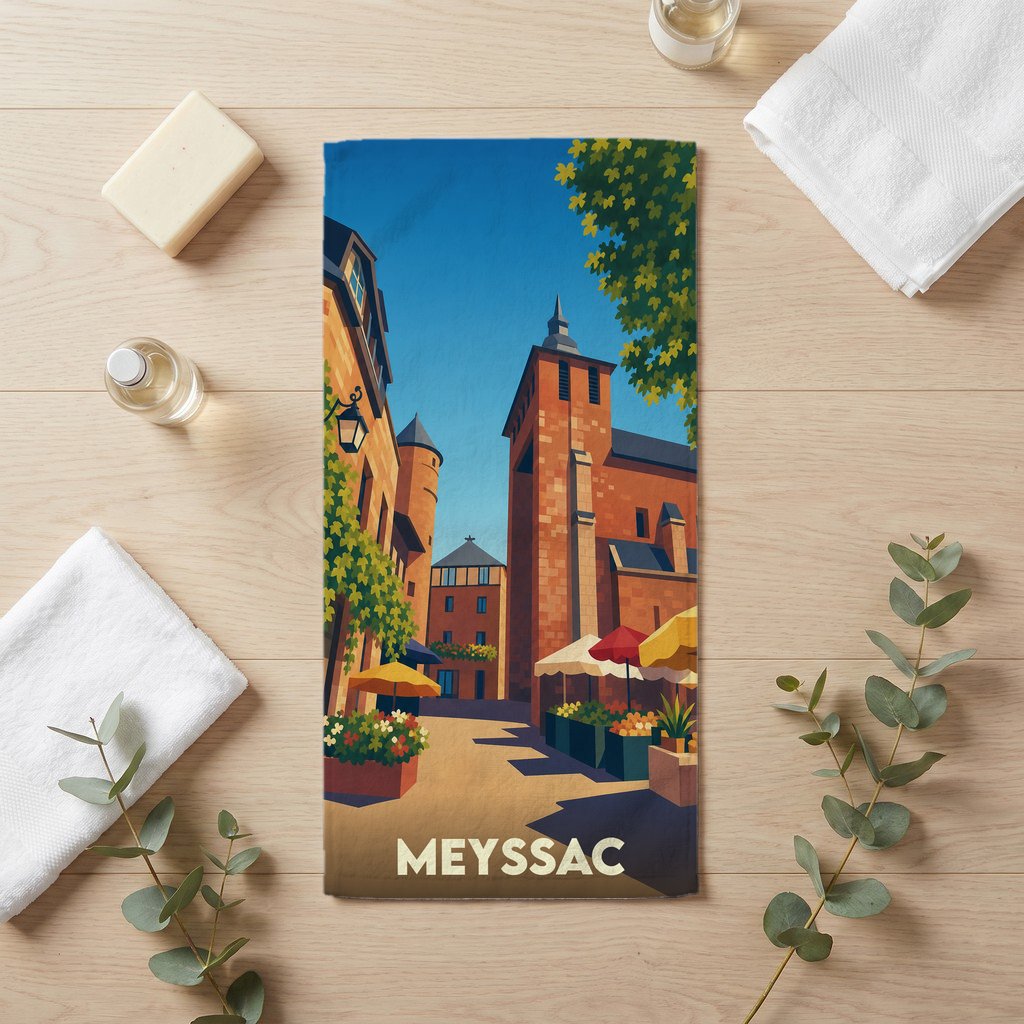 Serviette de bain souvenir de la ville de Meyssac avec une illustration stylisée.