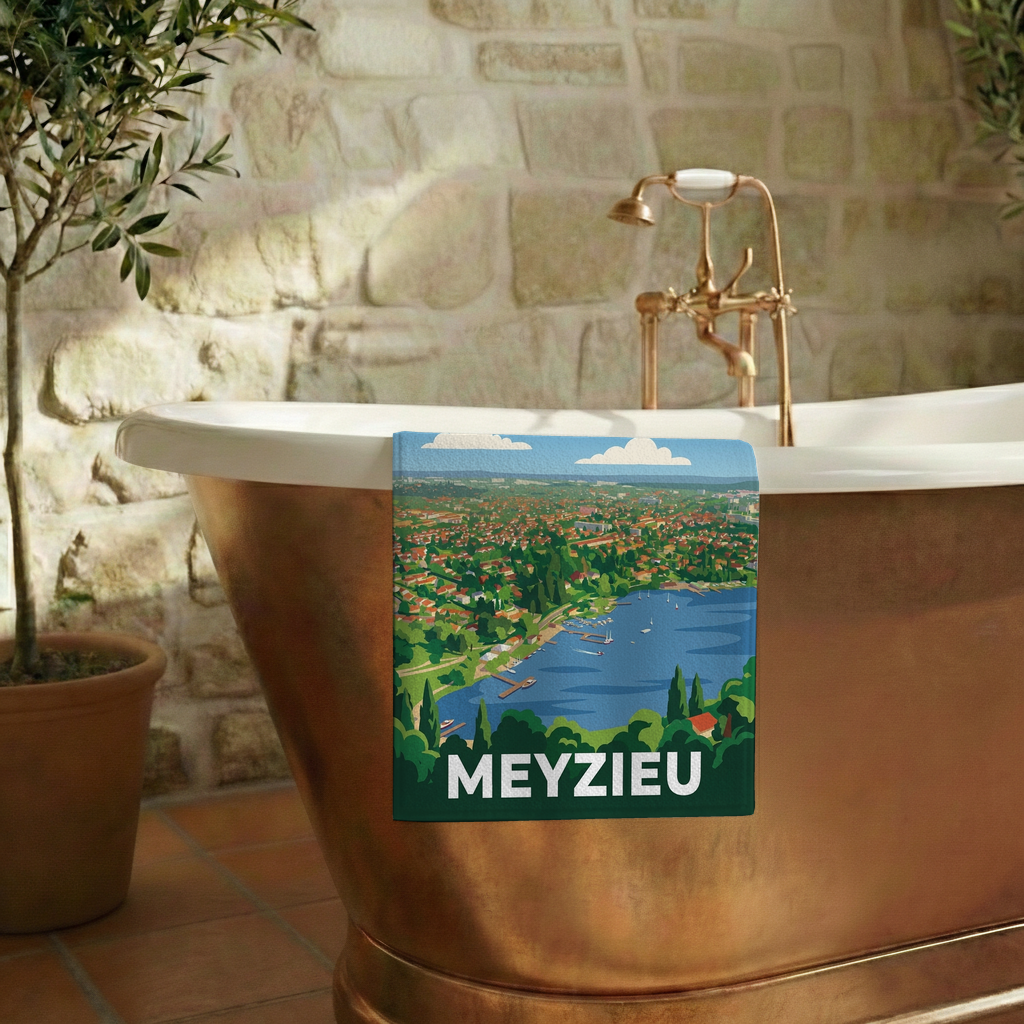 Serviette de bain souvenir de la ville de Meyzieu avec une illustration stylisée.