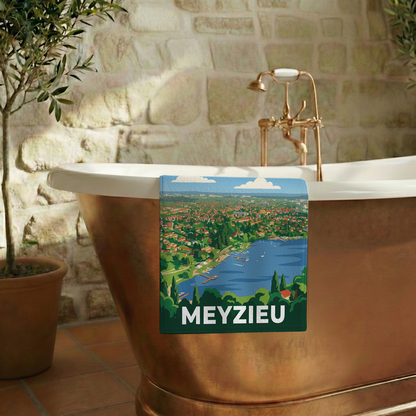 Serviette de bain souvenir de la ville de Meyzieu avec une illustration stylisée.