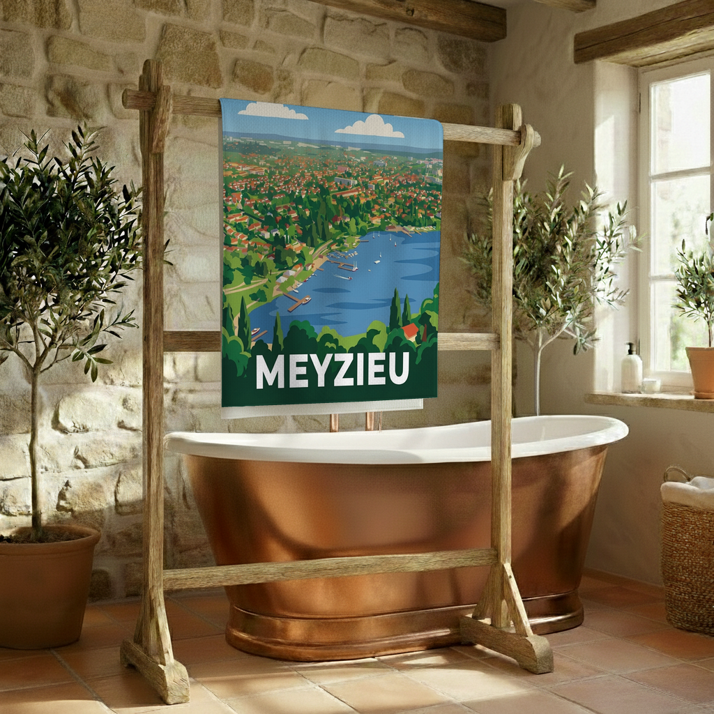 Serviette de bain souvenir de la ville de Meyzieu avec une illustration stylisée.
