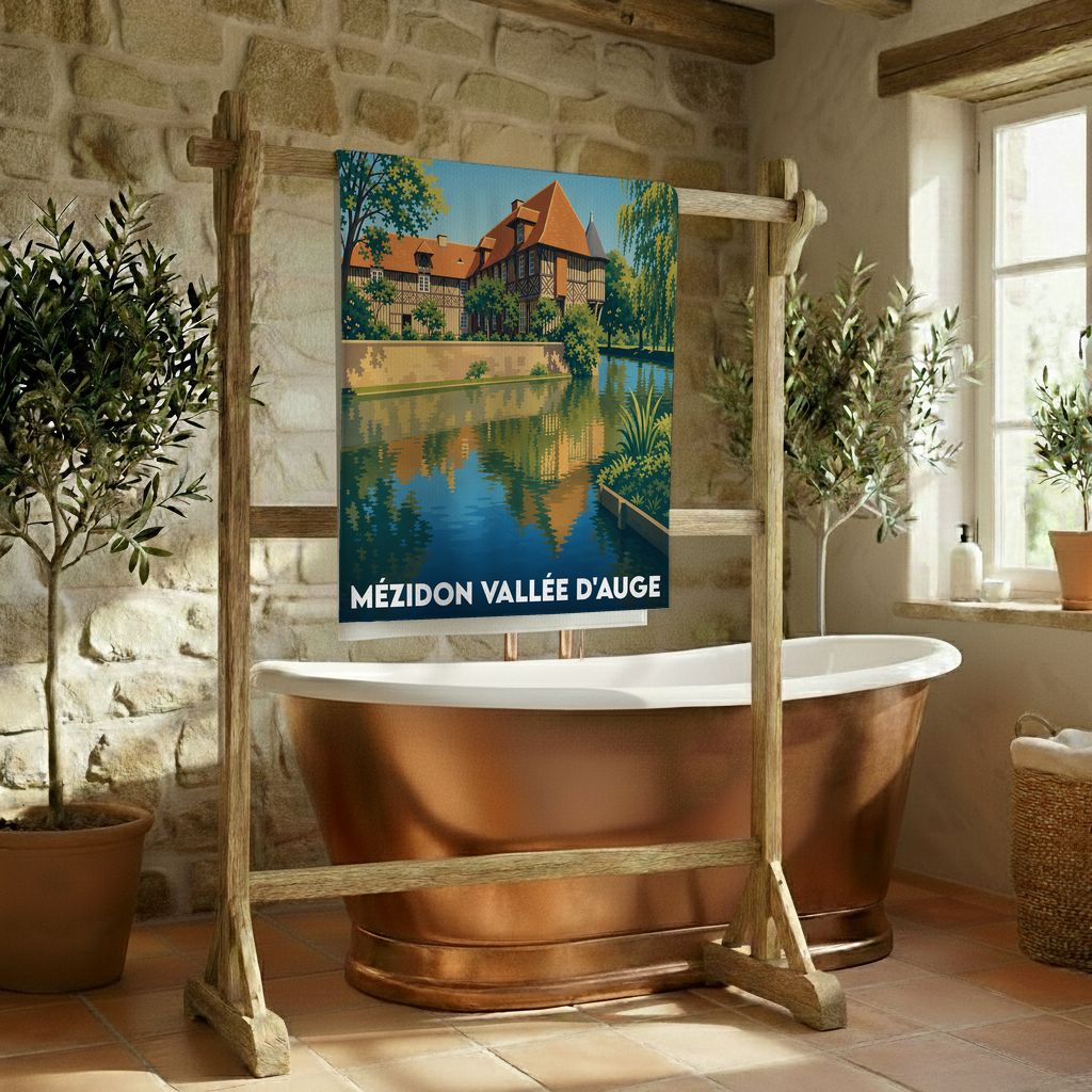 Serviette de bain souvenir de la ville de Mézidon Vallée d'Auge avec une illustration stylisée.