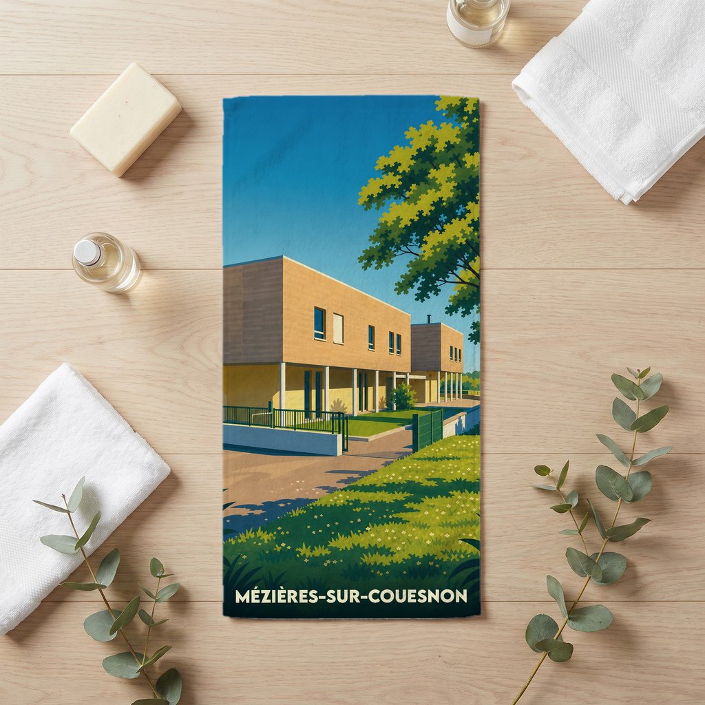 Serviette de bain souvenir de la ville de Mézières-sur-Couesnon avec une illustration architecturale stylisée.