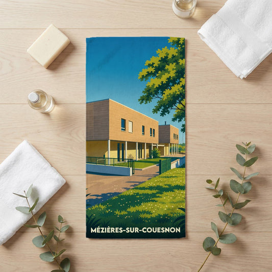 Serviette de bain souvenir de la ville de Mézières-sur-Couesnon avec une illustration architecturale stylisée.