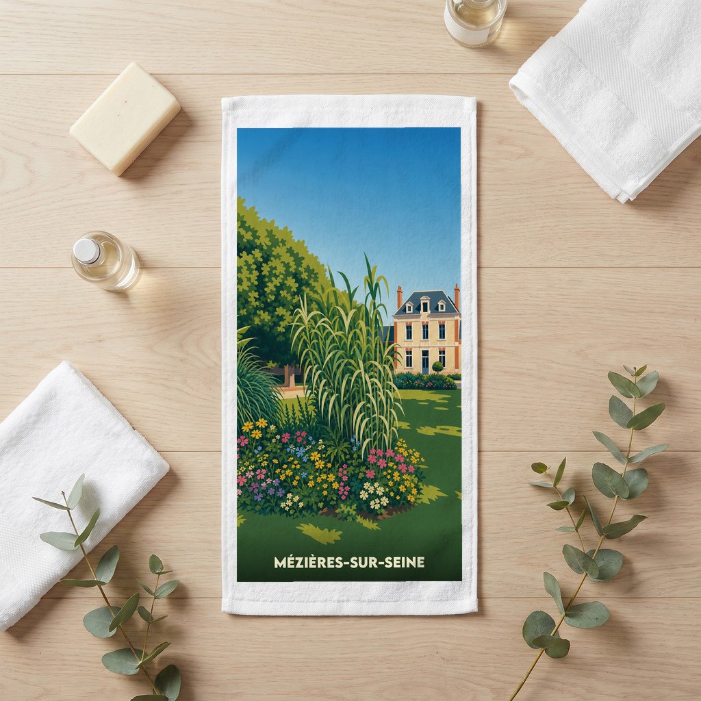 Serviette de bain souvenir de la ville de Mézières-sur-Seine avec une illustration stylisée d'une maison et de son jardin.