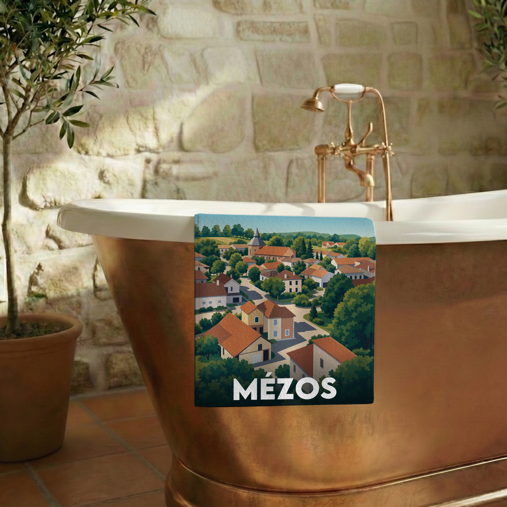 Serviette de bain souvenir de la ville de Mézos avec une illustration stylisée.