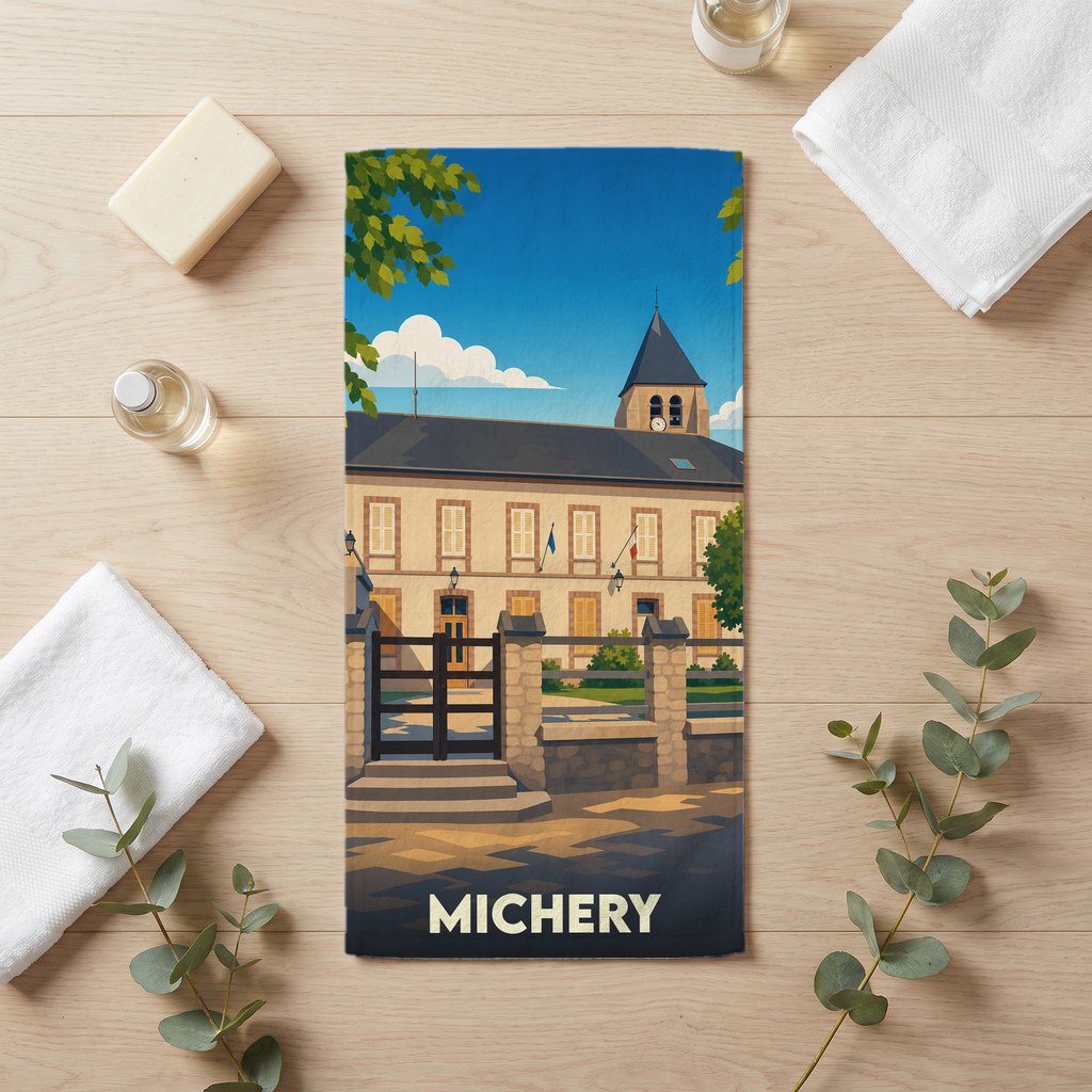 Serviette de bain souvenir de la ville de Michery avec une illustration stylisée de sa mairie.