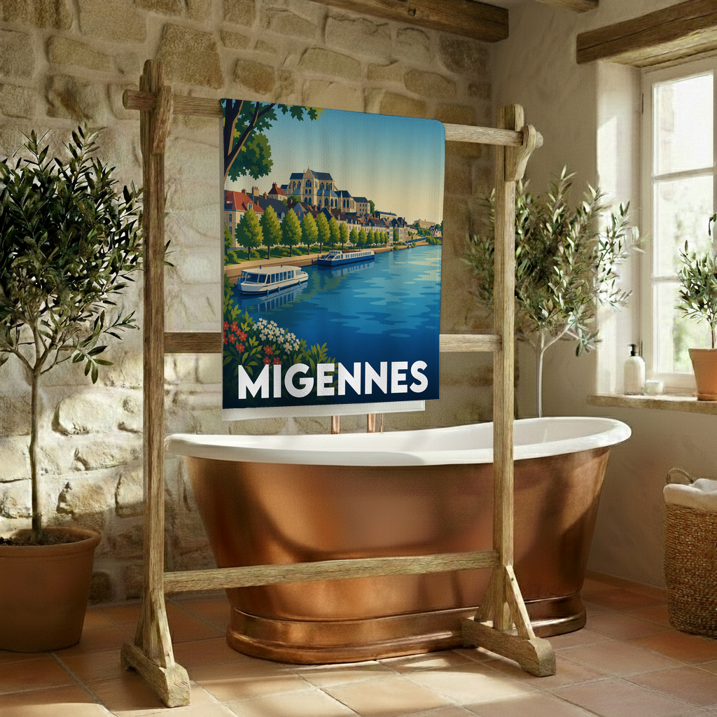 Serviette de bain souvenir de la ville de Migennes avec une illustration stylisée des quais de l'Yonne.