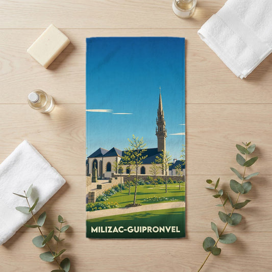 Serviette de bain souvenir de la ville de Milizac-Guipronvel avec une illustration stylisée de son église et de son jardin.