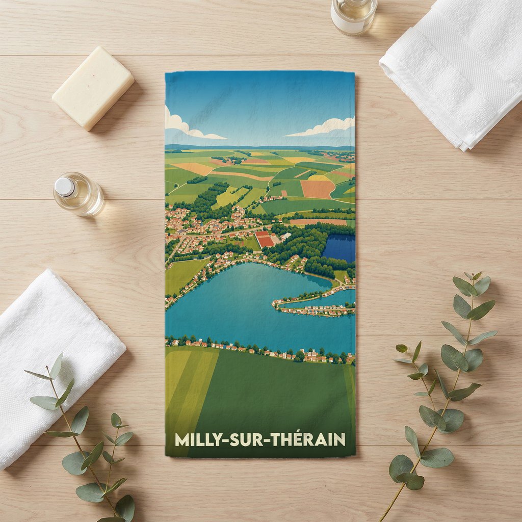 Serviette de bain souvenir de Milly-sur-Thérain illustrée d'un paysage de campagne vue du ciel.