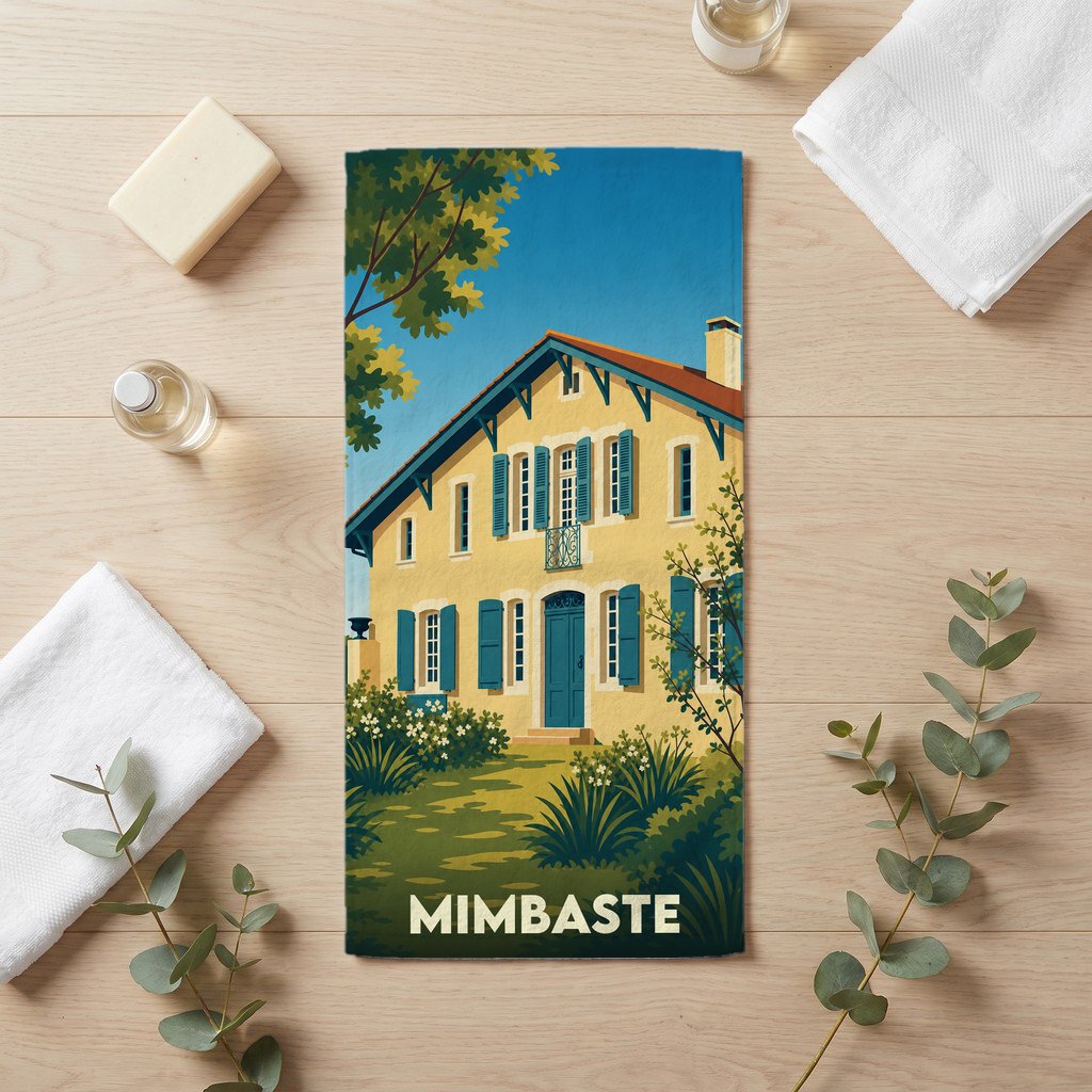 Serviette de bain souvenir de la ville de Mimbaste avec une illustration stylisée d'une maison landaise.