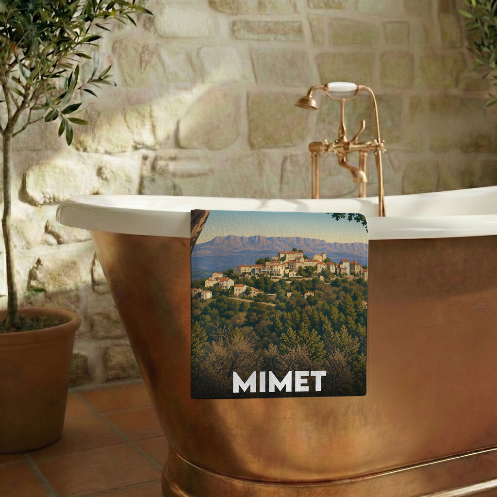 Serviette de bain souvenir de la ville de Mimet avec une illustration stylisée du paysage.
