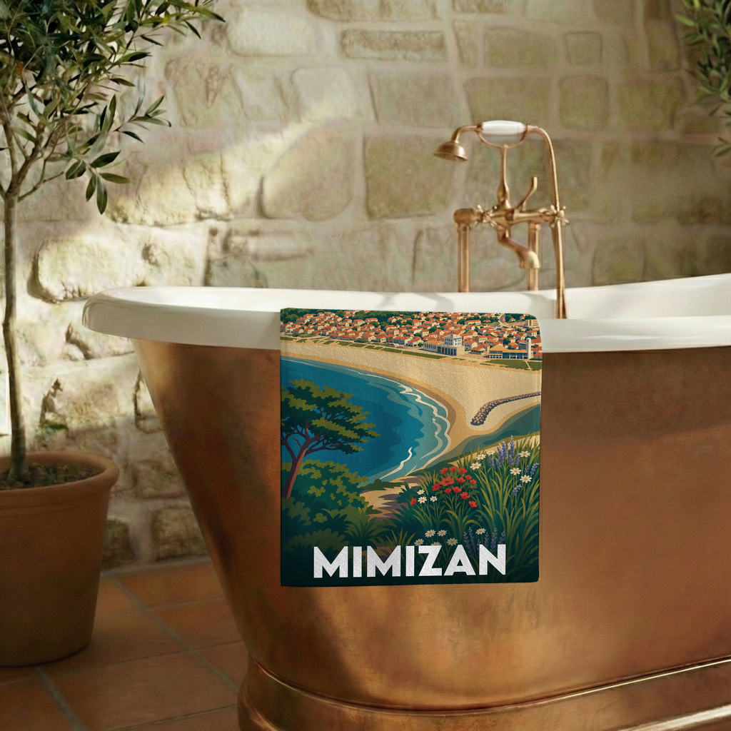 Serviette de bain souvenir de la ville de Mimizan avec une illustration de style affiche vintage.