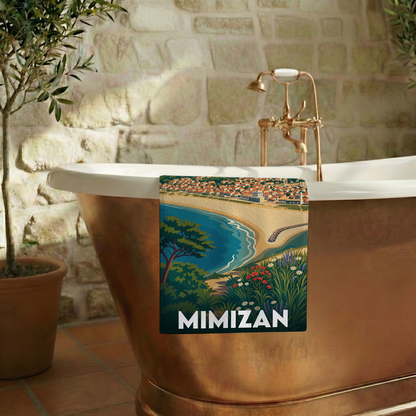 Serviette de bain souvenir de la ville de Mimizan avec une illustration de style affiche vintage.