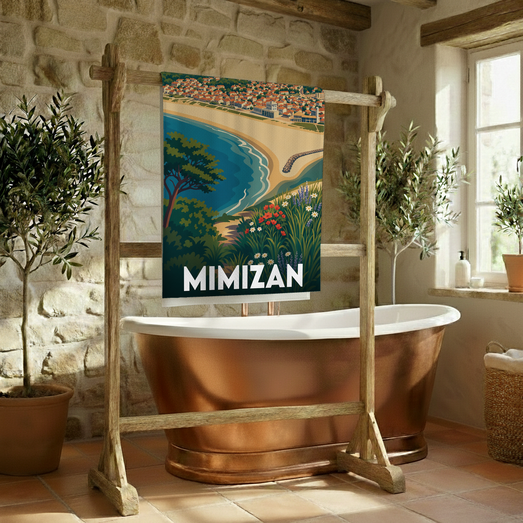 Serviette de bain souvenir de la ville de Mimizan avec une illustration stylisée de sa plage et de son littoral.