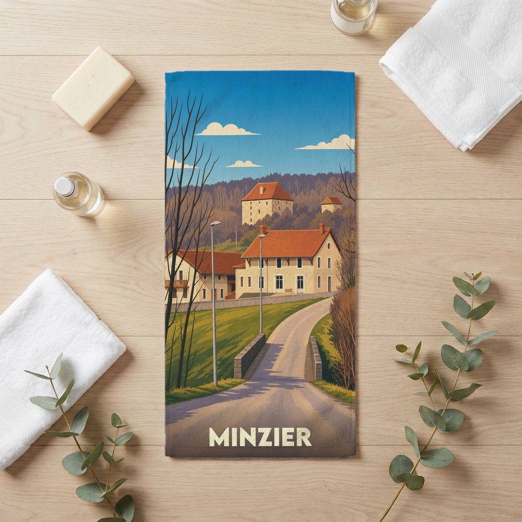 Serviette de bain souvenir de la ville de Minzier avec une illustration stylisée d'un paysage de campagne.