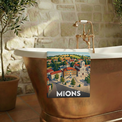 Serviette de bain souvenir de la ville de Mions avec une illustration stylisée de son paysage urbain.